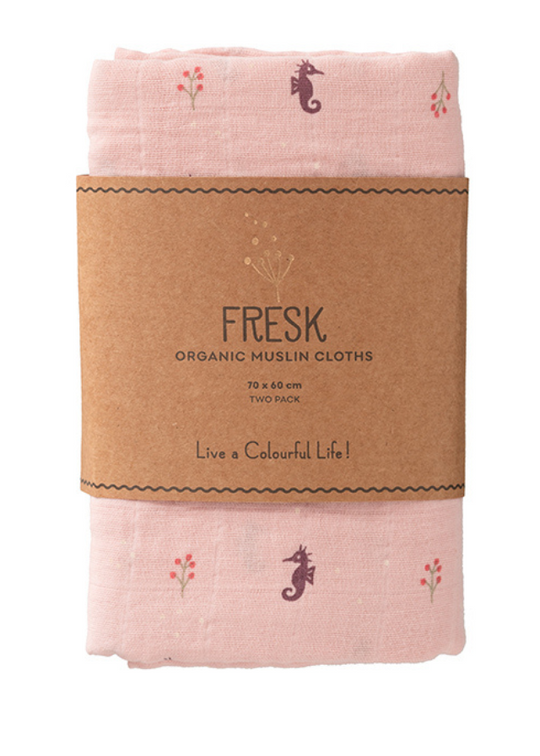 Set 2 Paturici Muselina Roz cu Imprimeu Caluti de Mare din Bumbac Organic 70X60 cm F115 19 Fresk