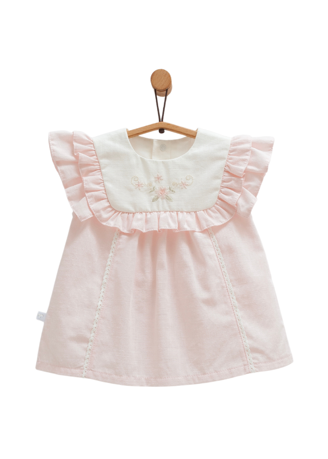 Set 2 Piese Roz Top cu Volan si Broderie pe Bust si Pantaloni Scurti Serenity Girl TKK1742 Mell Sweet Baby