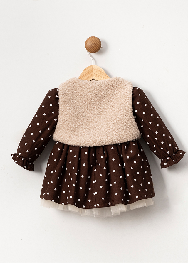 Long sleeve brown dress with polka dots and beige fur vest art 3585 Mino Baby