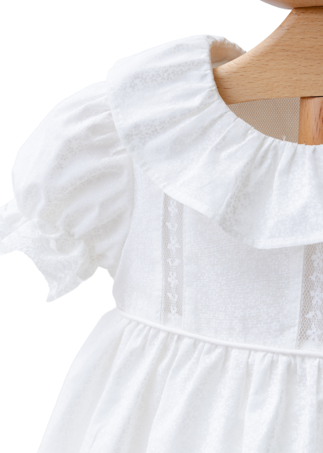 Rochie cu Maneca Scurta Alba cu Imprimeu Flori Mici Ivory si Volan la Guler 4297 MyMio