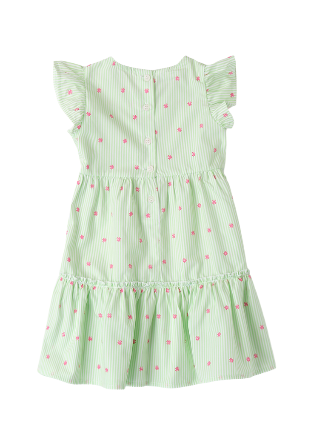 Rochie Fara Maneci cu Dungi Verzi si Flori Mici Roz 4.B494/G1 iDO