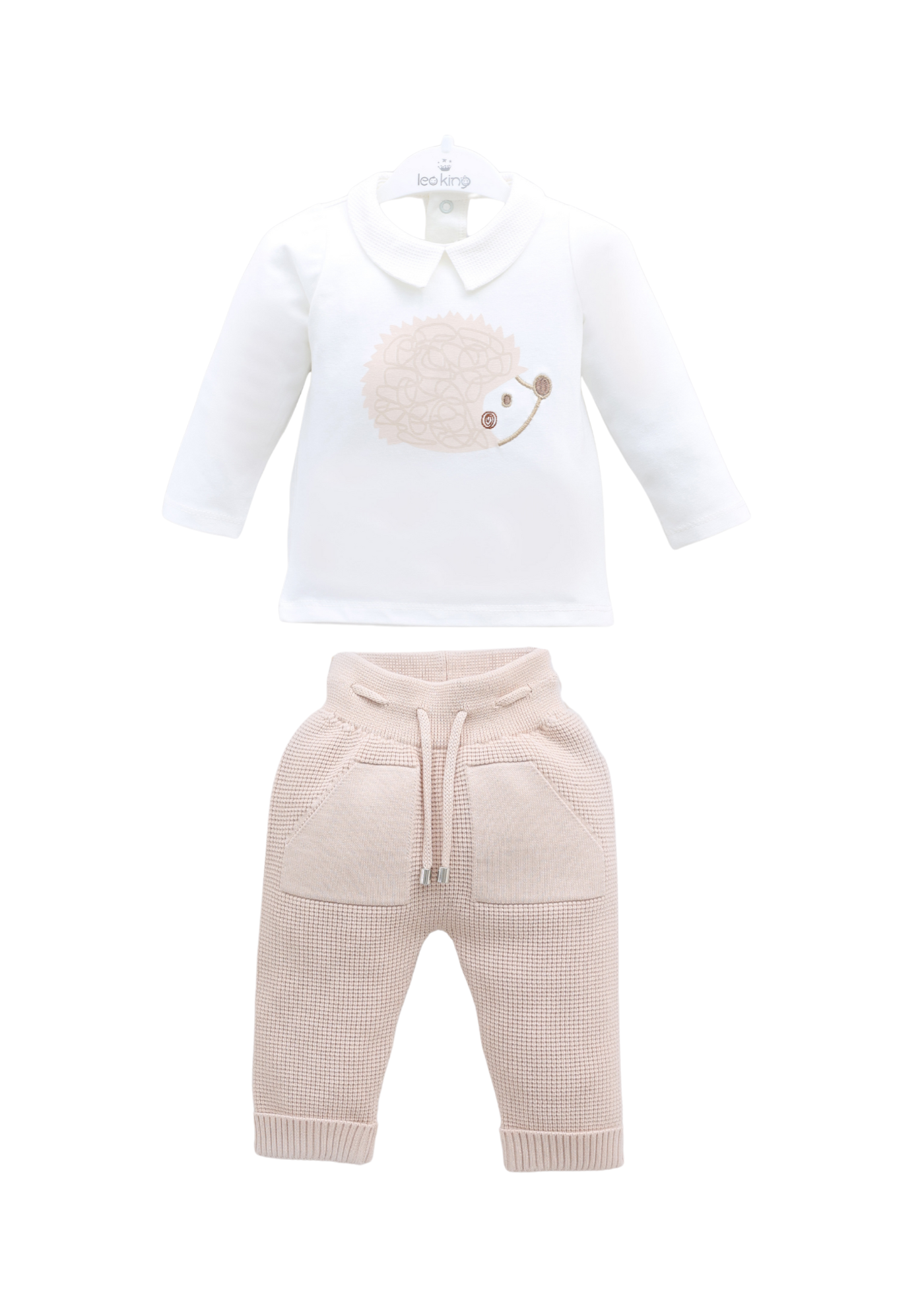 Set 3 Piese Tricotat Alb cu Bej cu Bluza din Bumbac cu Arici 8030 Leo King