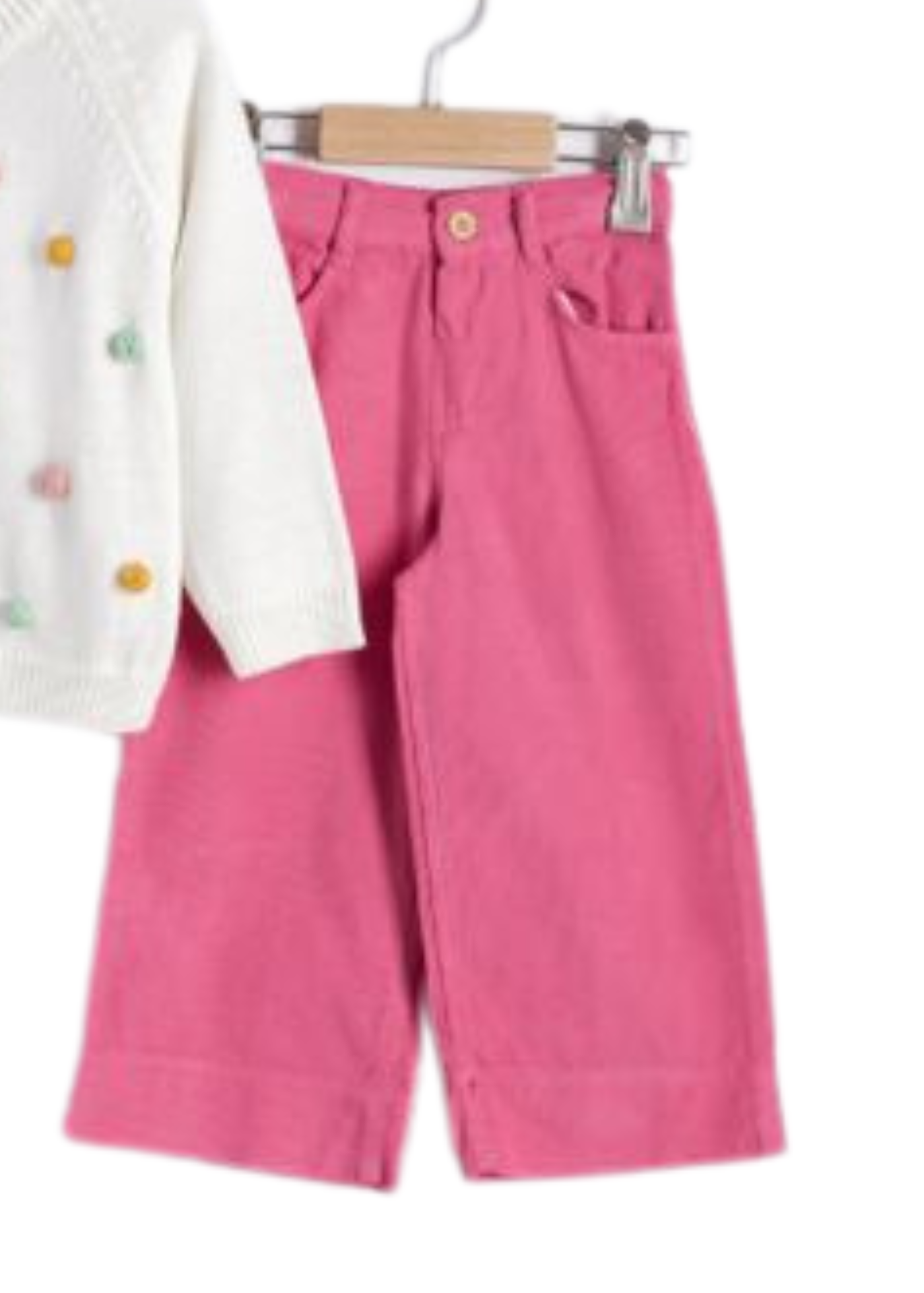 Set 3 Piese Camasa Bej Imprimeu Flori Cardigan Crem si Pantaloni Reiati Ciclamen 16569 Bebus