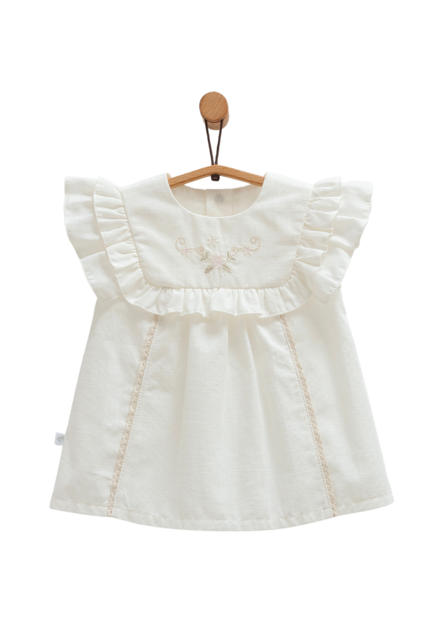 Set 2 Piese Crem Top cu Volan si Broderie pe Bust si Pantaloni Scurti Serenity Girl TKK1742 Mell Sweet Baby