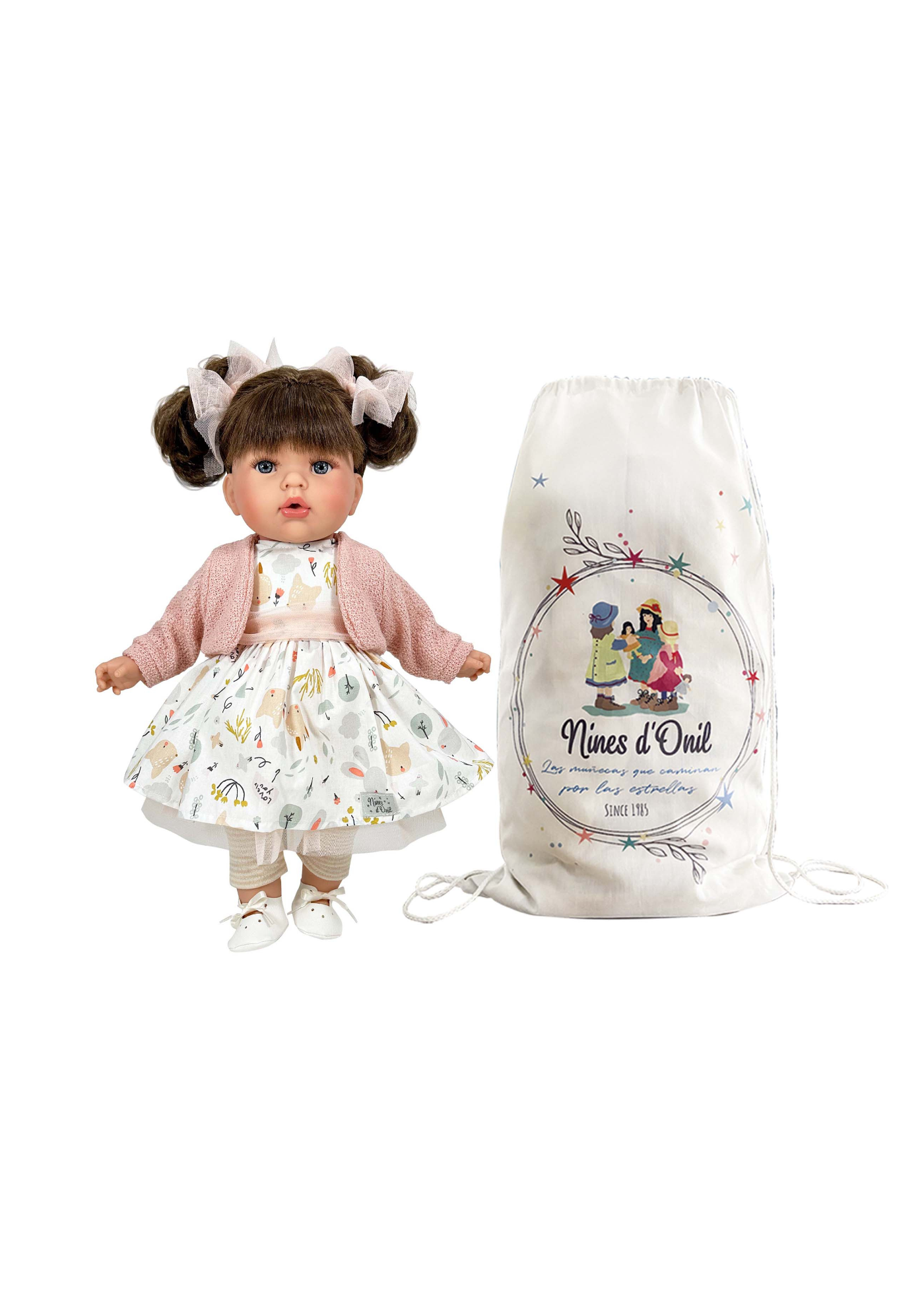 Papusa Parfumata Tita Satena cu Mecanism Rochita Alba Imprimeu Floral si Jacheta Roz – 45 cm – 6133 – Nines