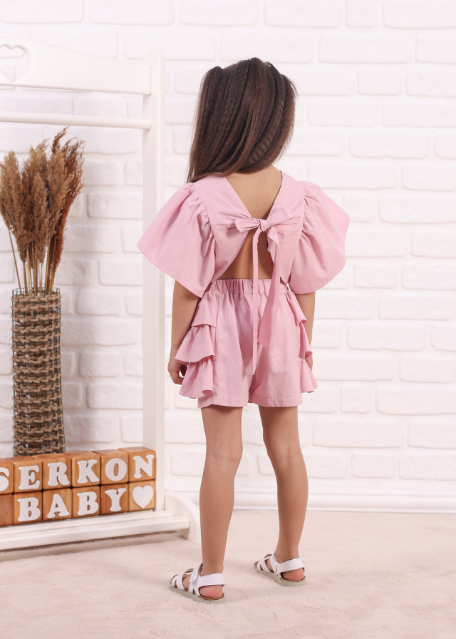 Set 2 Piese Roz Pudra Top Scurt cu Maneci Largi si Pantaloni Scurti cu Volane 779 Connie Baby