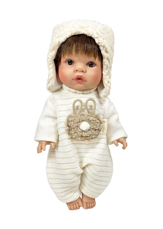 Papusa Parfumata Baietel Romeo, Corp Vinil cu Salopeta si Caciula Alba – 37 cm – 3025 – Nines