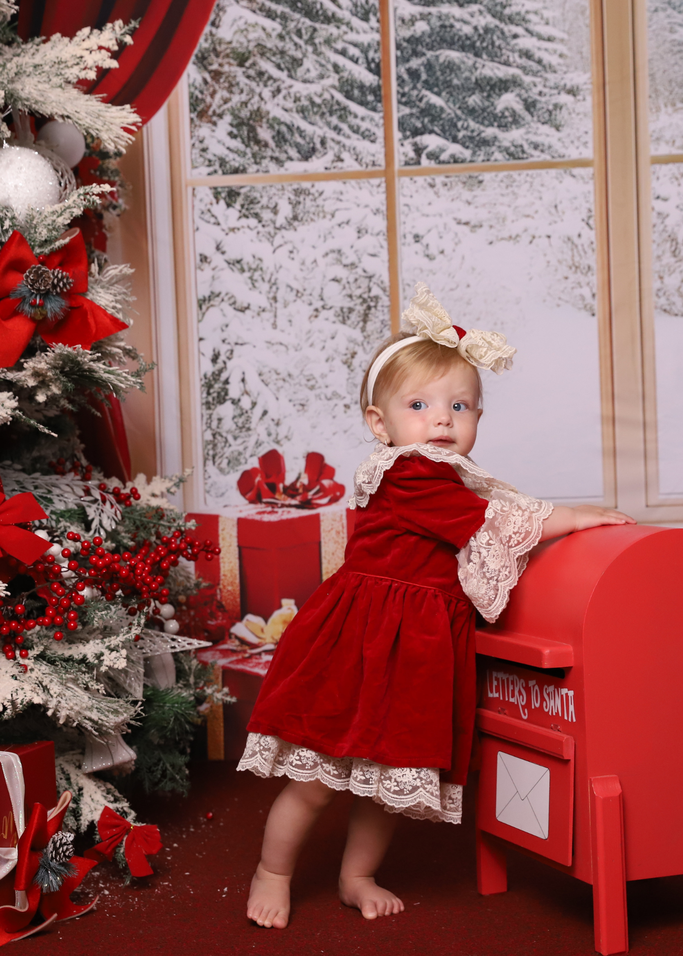 Red Velvet Dress with Ruffles and White Lace at the Neck and Sleeves AnneBebe