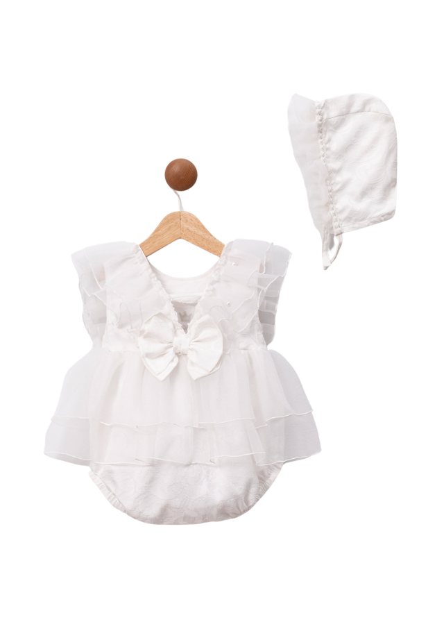 Body Ivory din Dantela si Organza cu Caciula 3637 Mino Baby