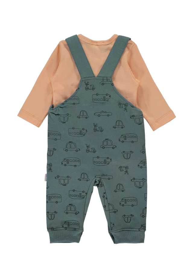 Set 2 Piese Salopeta cu Bretele Verde cu Masini si Bluza Portocalie Little Journey art K4546 col GREEN Bebetto