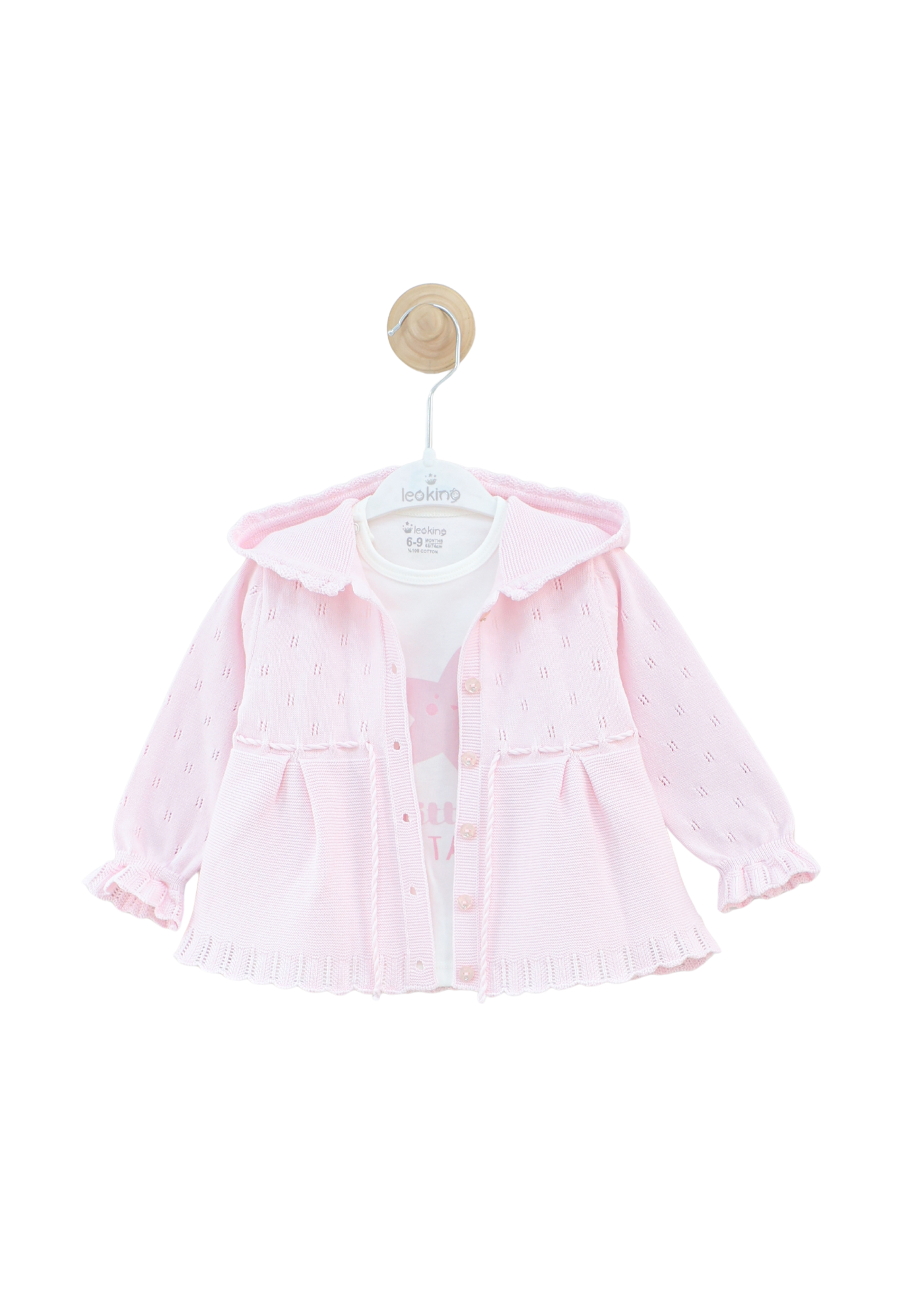 Set 3 Piese Jacheta si Pantaloni Lungi Tricotate Roz si Bluza Bumbac 8531 Leo King