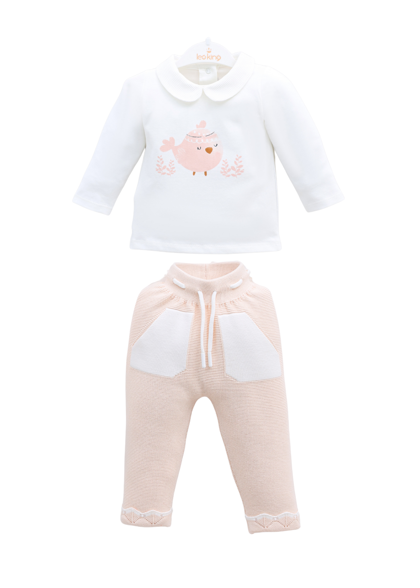 Set 3 Piese Somon Bluza si Pantaloni Tricot si Bluza Bumbac cu Pui 8456 Leo King