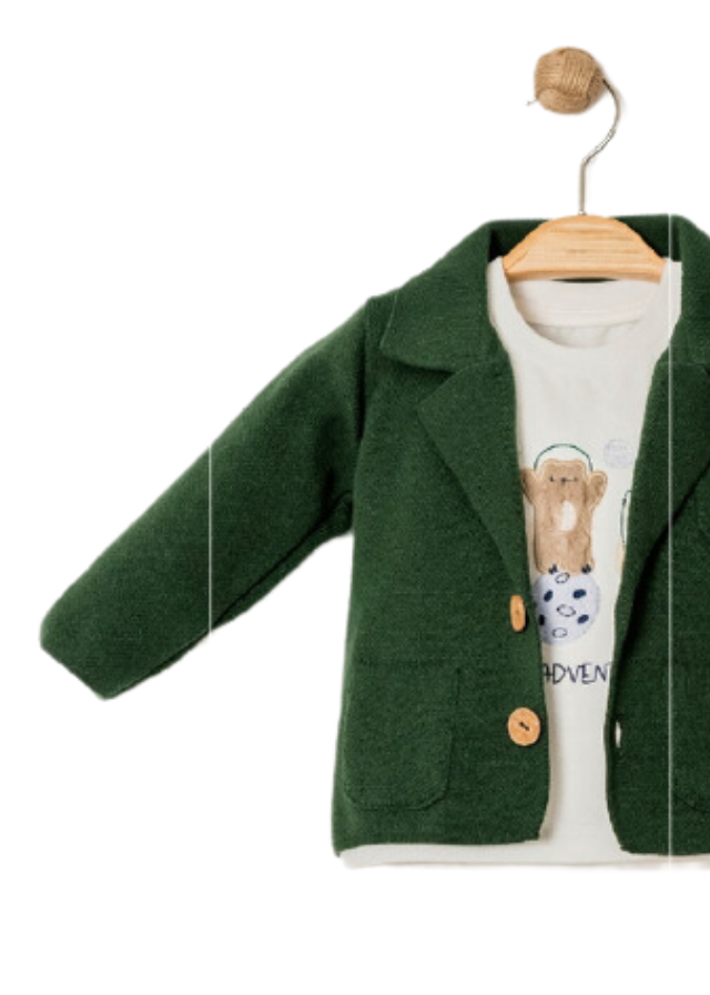 Set 3 Piese Cardigan Tricotat Verde cu Rever Bluza Crem cu Urs si Pantaloni Maro 15041 Bebus