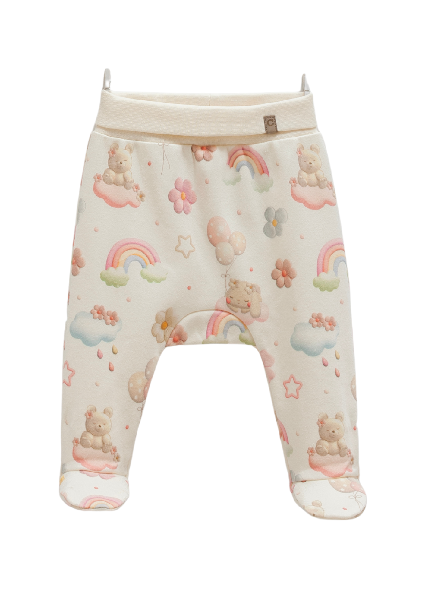 Set 3 Piese Body cu Maneca Lunga si Pantaloni Lungi cu Picior Bej cu Imprimeu si Scutec din Muselina Crem BPB2186 Mell Sweet Bay