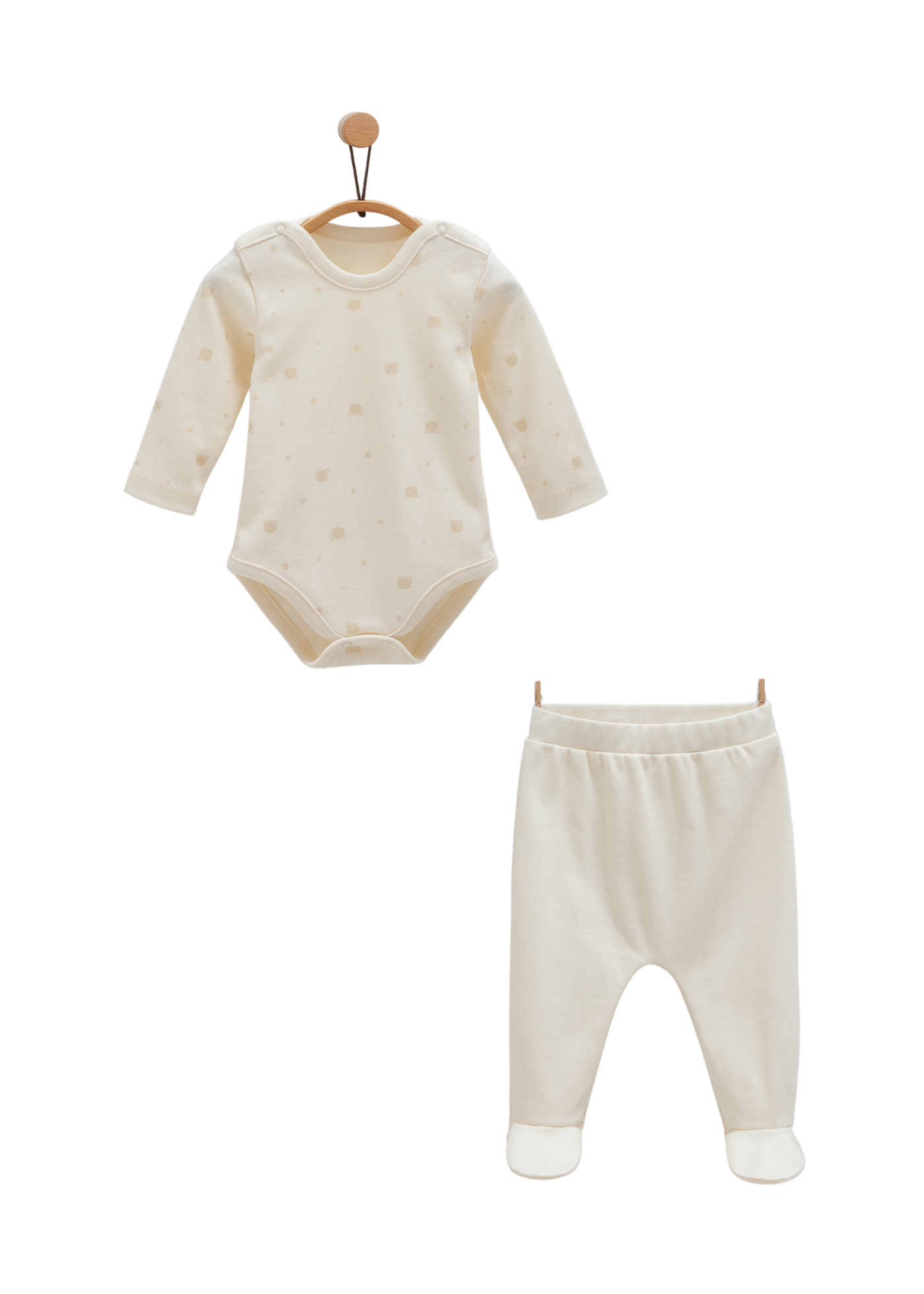 Set Cadou 4 Piese Nou Nascut 2 Body cu Maneca Lunga si 2 Pantaloni Lungi Bej cu Urs BPE1467 Mell Sweet Baby