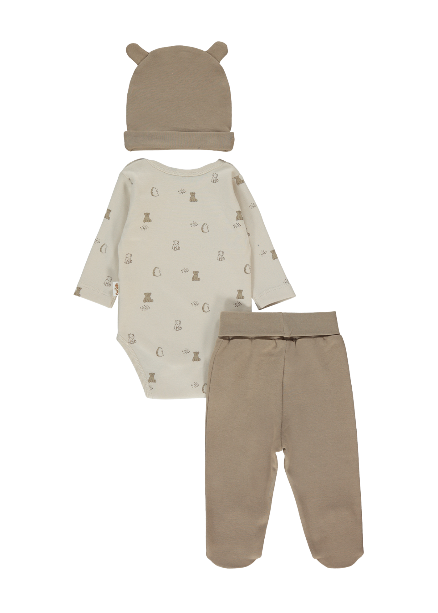 Set 3 Piese Body Bej cu Imprimeu Ursi Pantaloni Lungi si Fes Maro T4093 Bebetto
