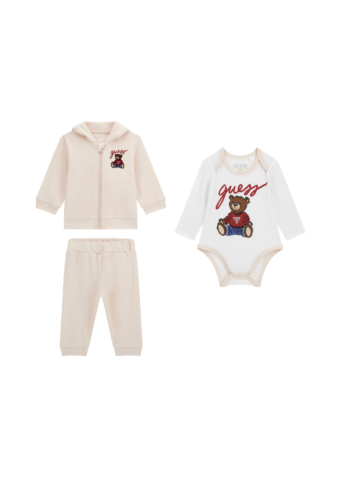 Trening Bumbac 3 Piese Bej Hanorac si Pantaloni Bluza Alba cu Urs H5YW12 KA6W4 G1ET Guess