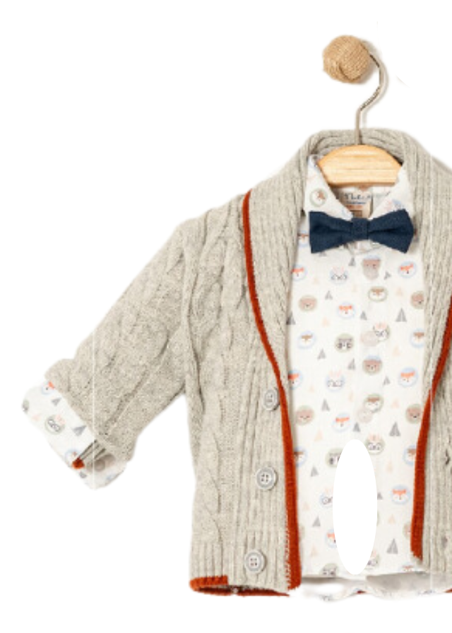 Set 3 Piese Cardigan Tricotat Gri Camasa Alba cu Animalute Pantaloni si Papion Bleumarin 15024 Bebus