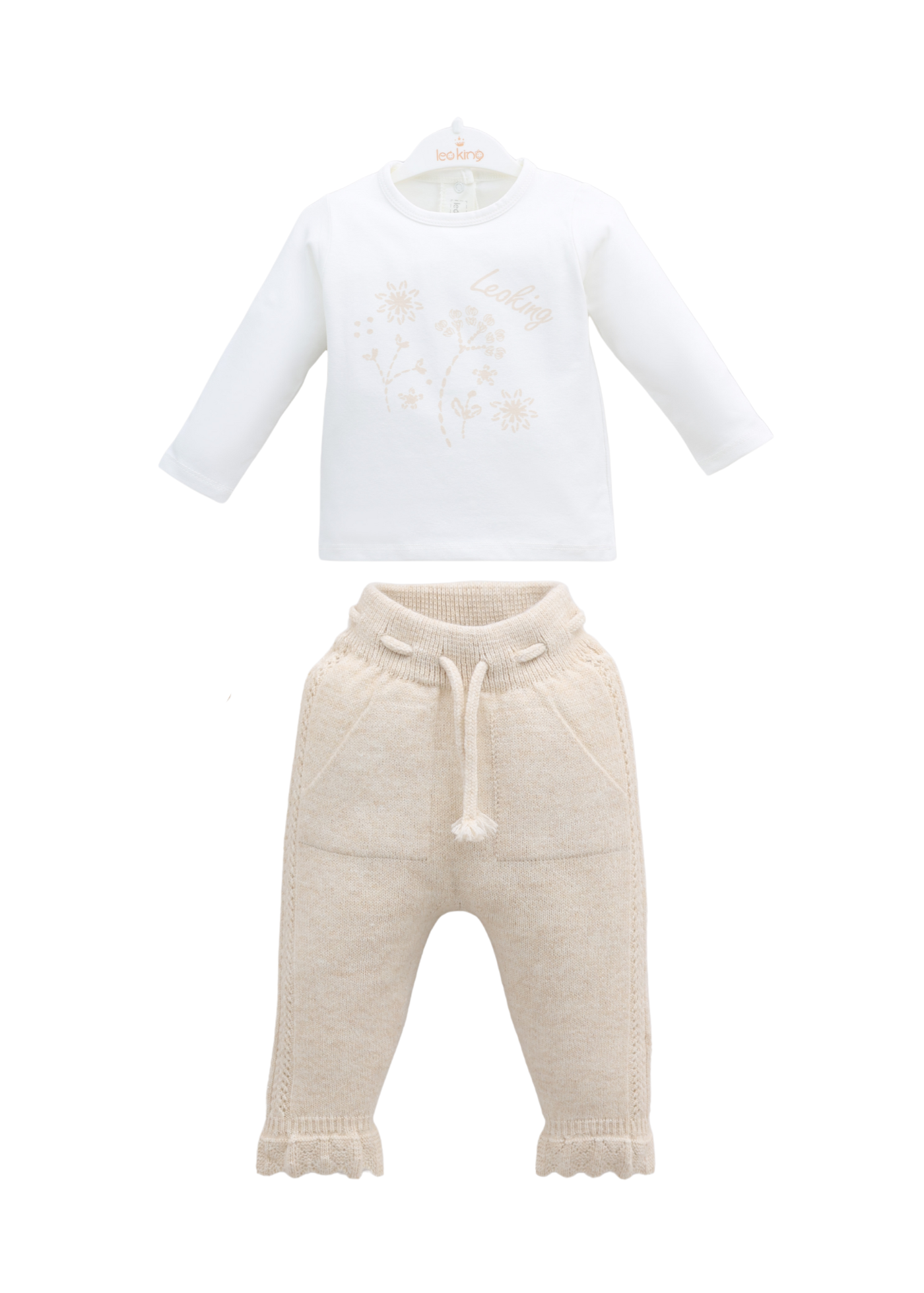 Set 3 Piese Jacheta si Pantaloni Bej cu Lana Merinos si Bluza Bumbac 9591 Leo King