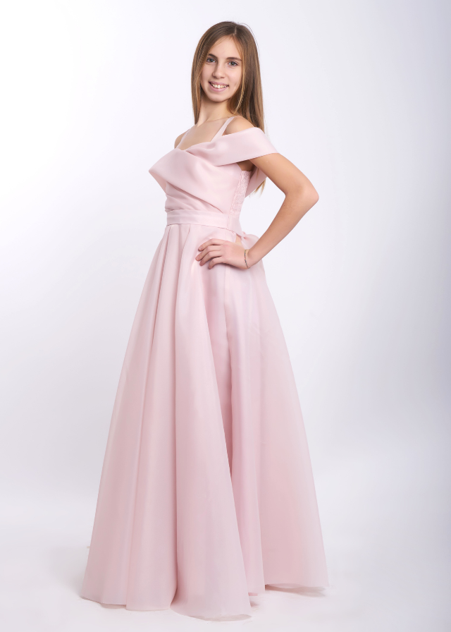 Rochie Eleganta pentru Banchet Roz din Voal cu Umeri Cazuti 10-14 Ani 5417 Kanilla