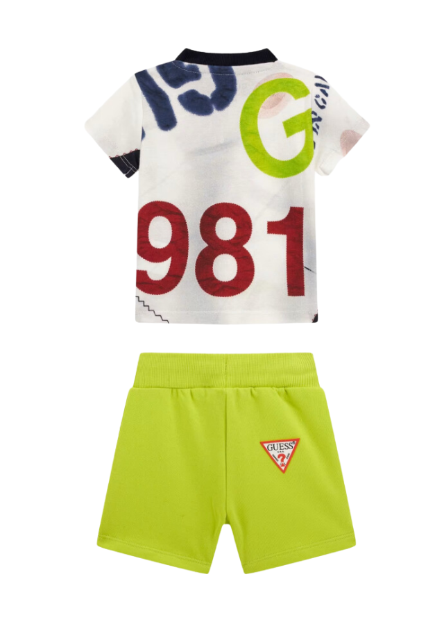 Set 2 Piese Tricou Alb Cu Bleumarin Si Pantaloni Scurti Verde Lime I5RG08 K8HM4 P8CP Guess