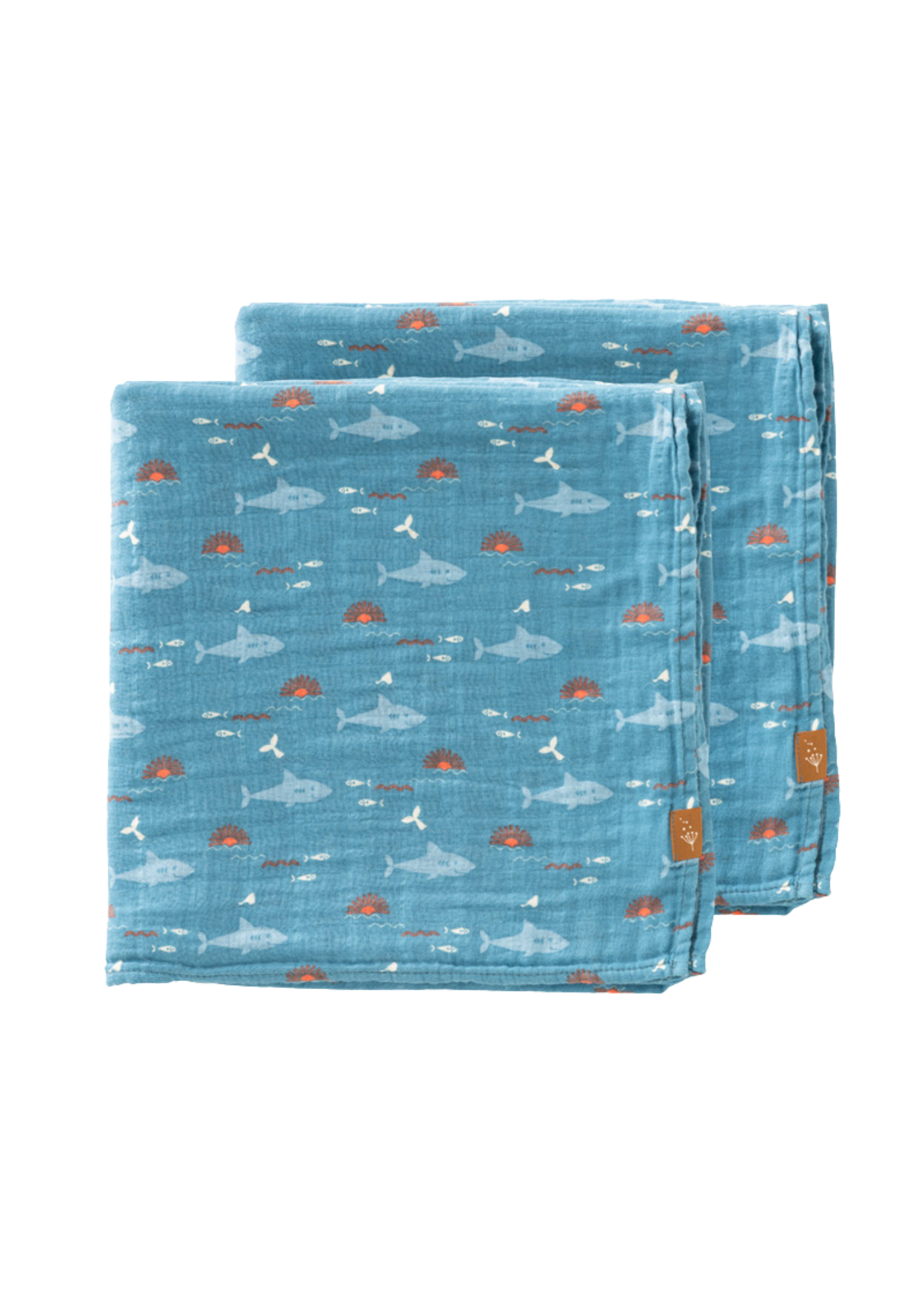 Paturica Muselina din Bumbac Organic Albastru Marin cu Imprimeu Rechin 120x120 cm F110-88 Fresk