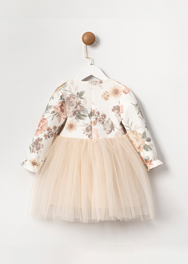 Cream long sleeve ceremony dress with flower lace print on the bust and beige tulle skirt art 3587 Mino Baby