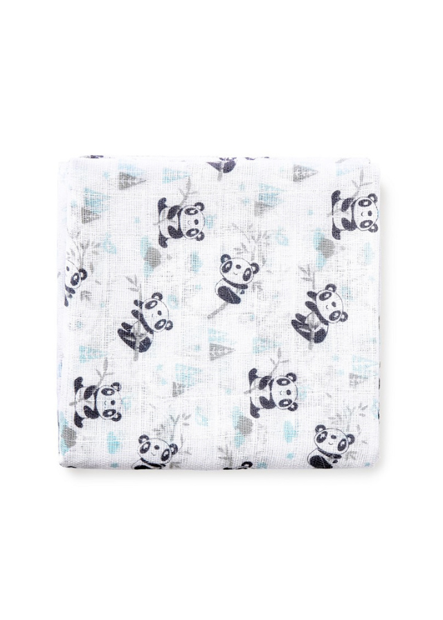 Set 3 Scutece din Muselina Alb-Bleu Imprimeu Panda 80x80 cm 98972-01 Interbaby