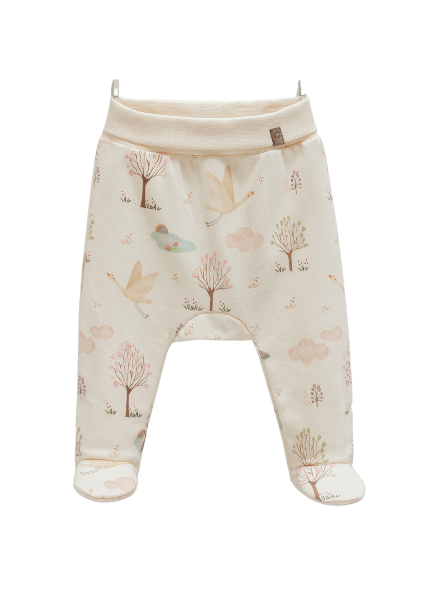 Set 3 Piese Body cu Maneca Lunga si Pantaloni Lungi cu Picior Bej cu Imprimeu si Scutec din Muselina Crem BPB2187 Mell Sweet Bay