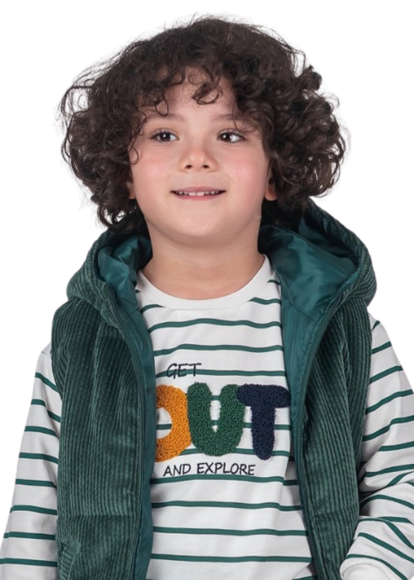 Set 3 Piese Vesta Reiat Verde cu Gluga Bluza Alba cu Dungi Verzi si Pantaloni Lungi Bleumarin 16307 Bebus