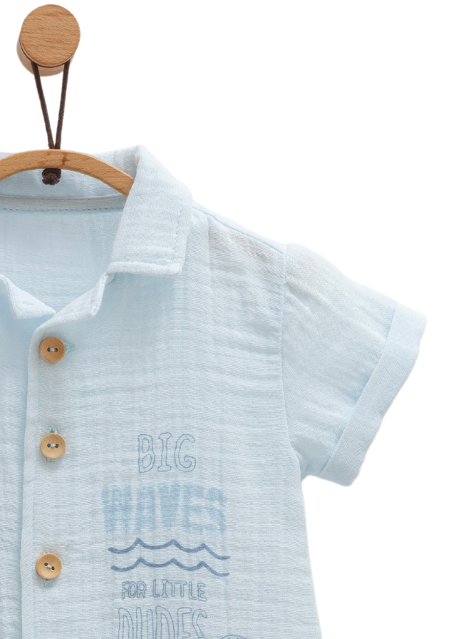 Salopeta Scurta din Muselina Bleu cu Guler si Nasturi Little Boy TE1671 Mell Sweet Baby