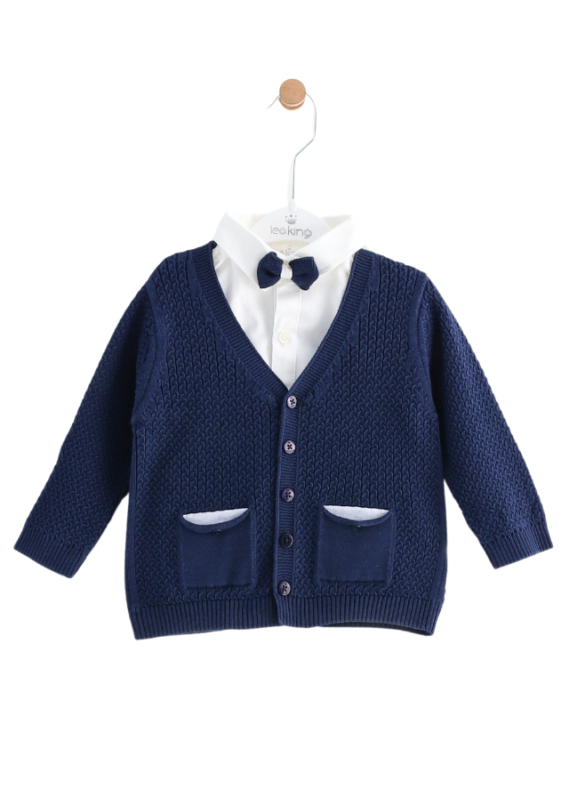 Set 3 Piese Cardigan Tricotat Bleumarin Camasa Alba cu Papion si Blugi 11819 Leo King