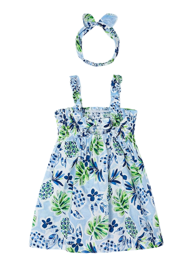 AnneBebe - Rochie Bleu cu Bretele si Imprimeu Albastru cu Ananas si Bentita 3947 Mayoral