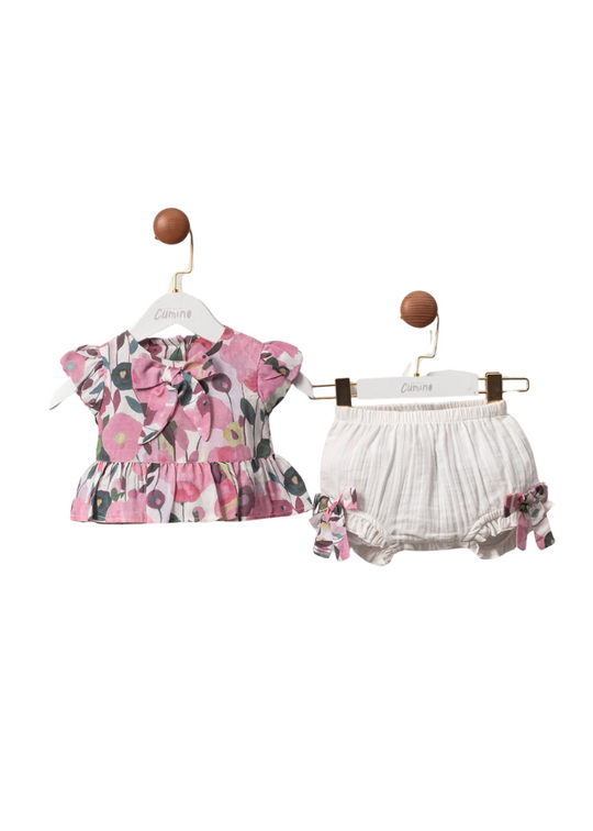2 Piece Set, Fuchsia Flower Print Top and Cream Muslin Panties 3435 Mino Baby