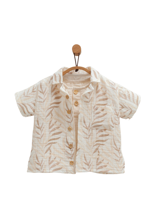 Set 3 Piese Muselina Bej cu Maro Camasa Top si Pantaloni Scurti Little Boy TKE1676 Mell Sweet Baby