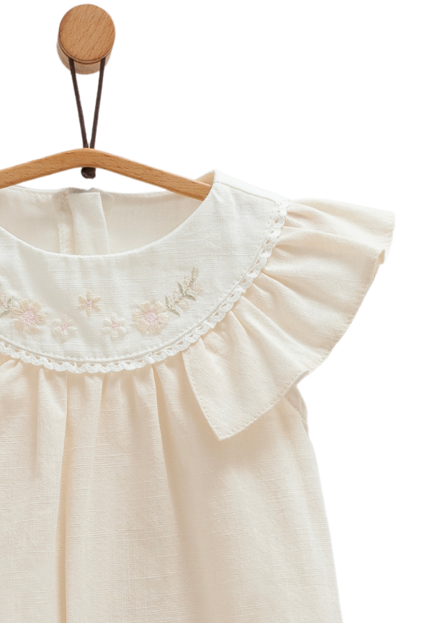 Salopeta Scurta Bej cu Volan pe Bust si Broderie Flori Serenity Girl TK1739 Mell Sweet Baby