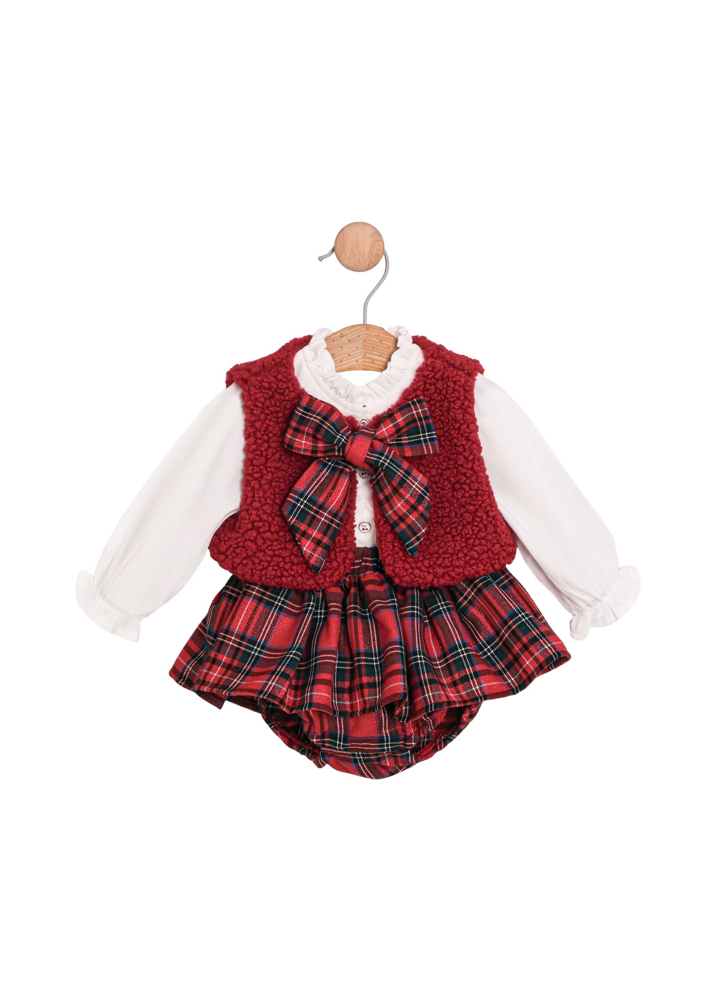 Set 3 Piese Camasa Alba Vesta Bucle Rosie si Chilotel cu Volan Ecosez 3765 Mino Baby