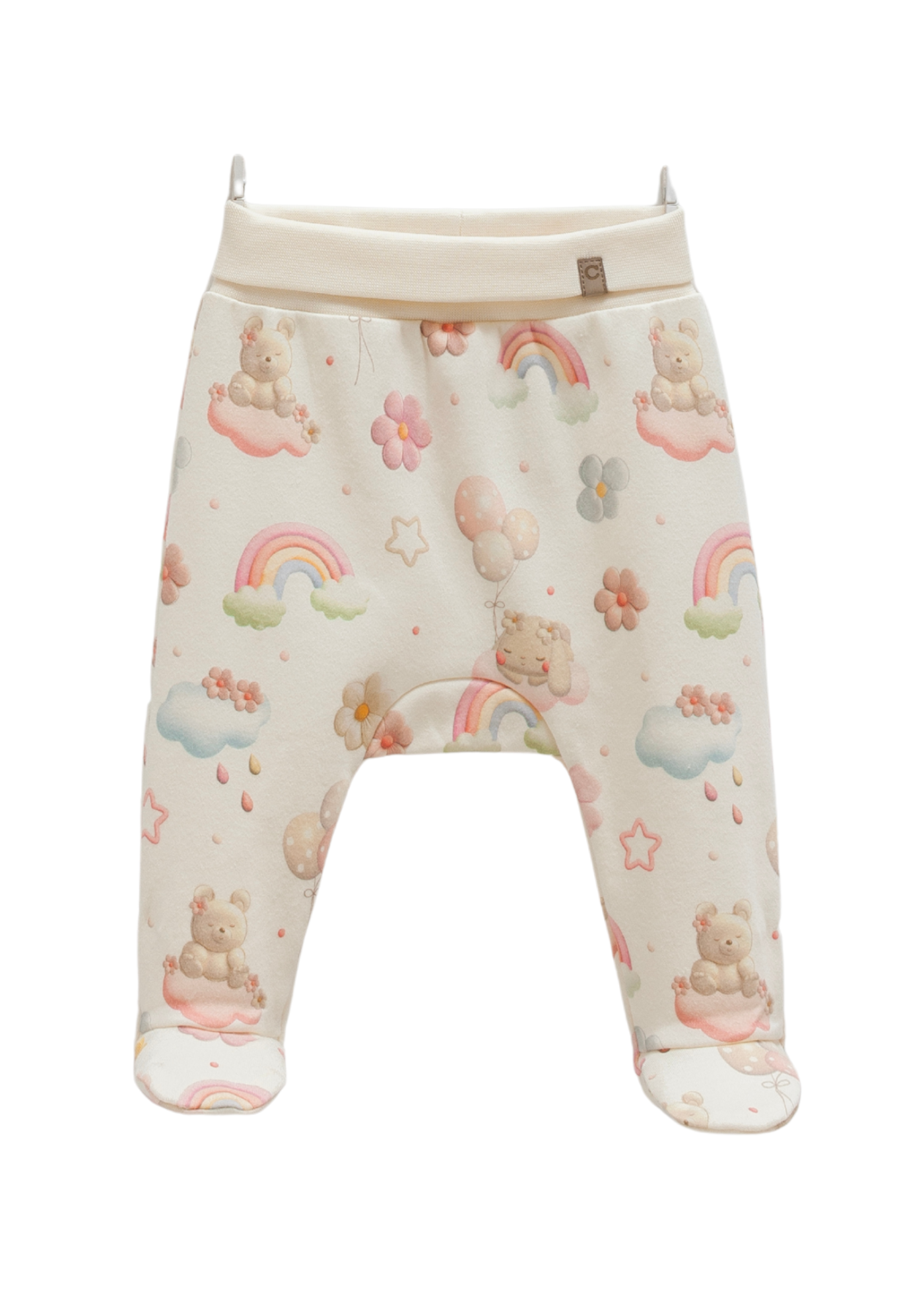 Set 3 Piese Body cu Maneca Lunga si Pantaloni Lungi cu Picior Bej cu Imprimeu si Scutec din Muselina Crem BPB2186 Mell Sweet Bay