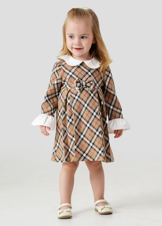 Rochie Carouri Bej cu Negru cu Maneca Lunga cu Guler si Mansete Albe 4409 MyMio