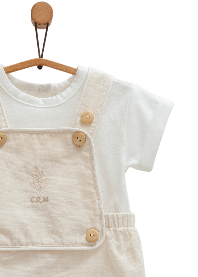Set 2 Piese Salopeta Scurta Bej si Tricou Crem Serenity Boy SLE1752 Mell Sweet Boy