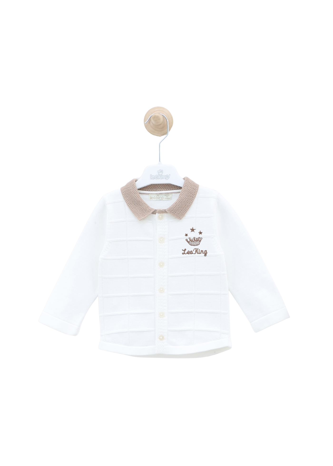 Set 2 Piese Cardigan Alb cu Bej cu Guler si Pantaloni Lungi Bej 8013 Leo King