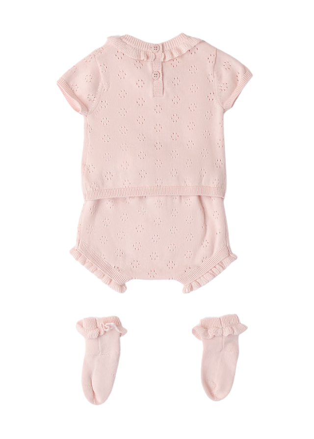 AnneBebe - Set 3 Piese Roz Tricotate, Bluza cu Maneca Scurta, Pantaloni Scurti si Sosete 8785 Minibanda