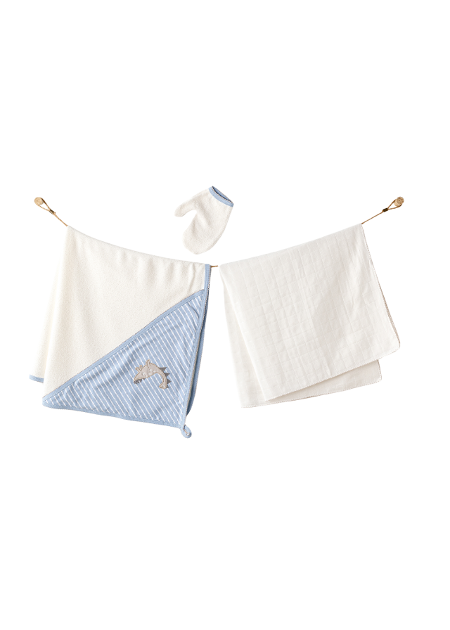 Set 3 Piese Baie Prosop Crem cu Bleu cu Dinozauri, Scutec Muselina si Manusa de Baie AC25922 Andywawa