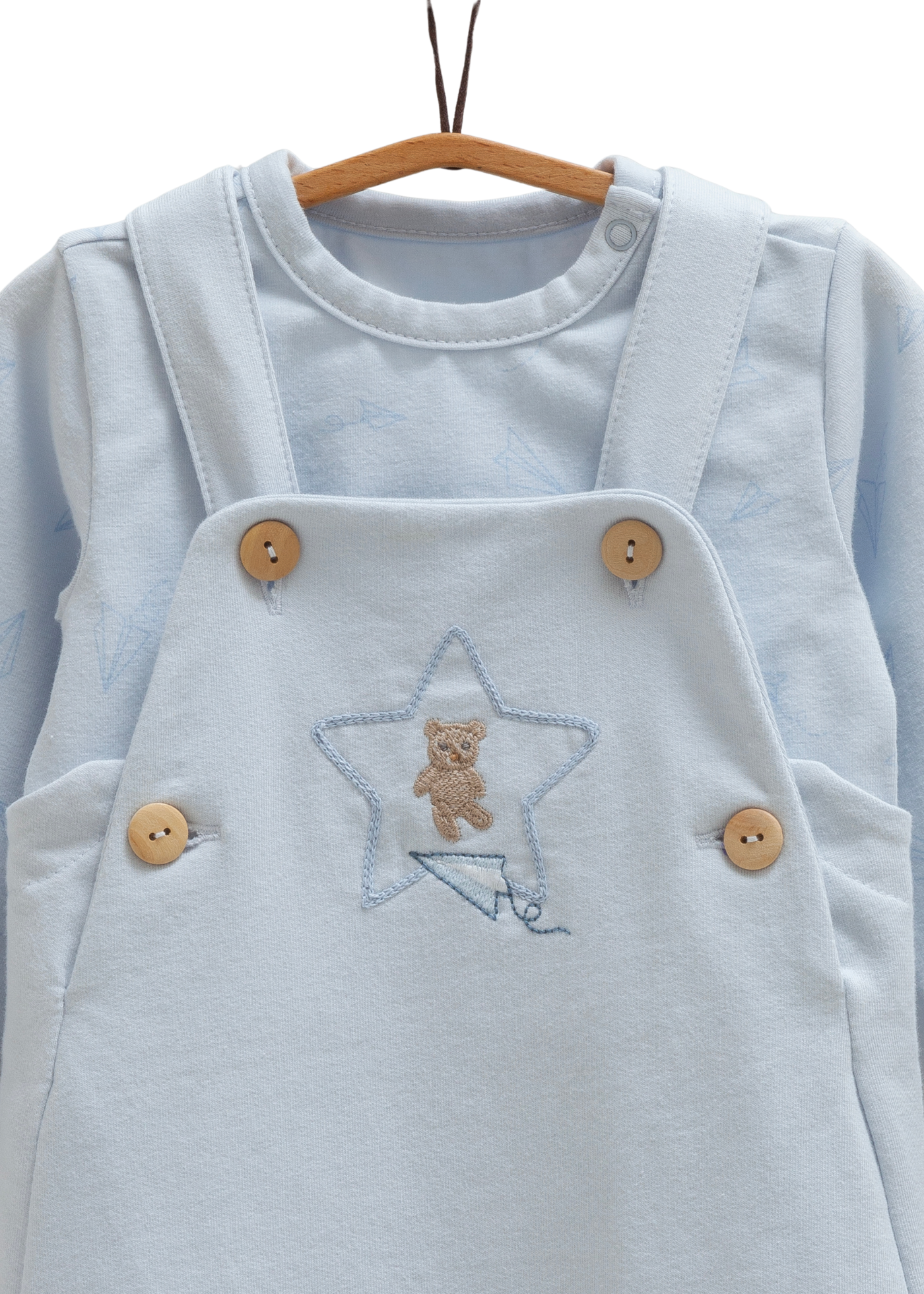 Set 2 Piese Salopeta Lunga cu Urs si Bretele si Bluza cu Maneca Lunga Bleu SLE1573 Mell Sweet Baby