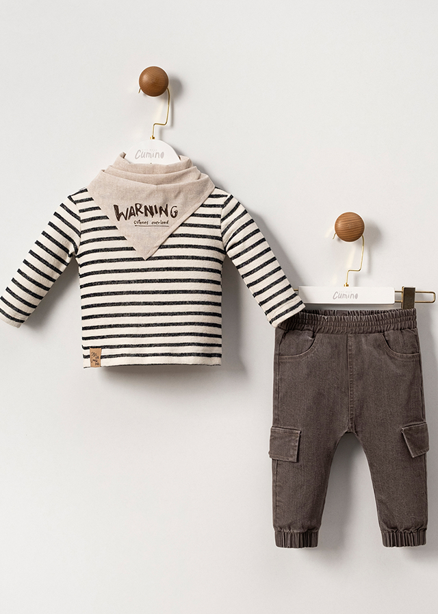 Set of 2 Casual Boys Cotton Cream Striped Blouse and Gray Long Pants 3577 Mino Baby