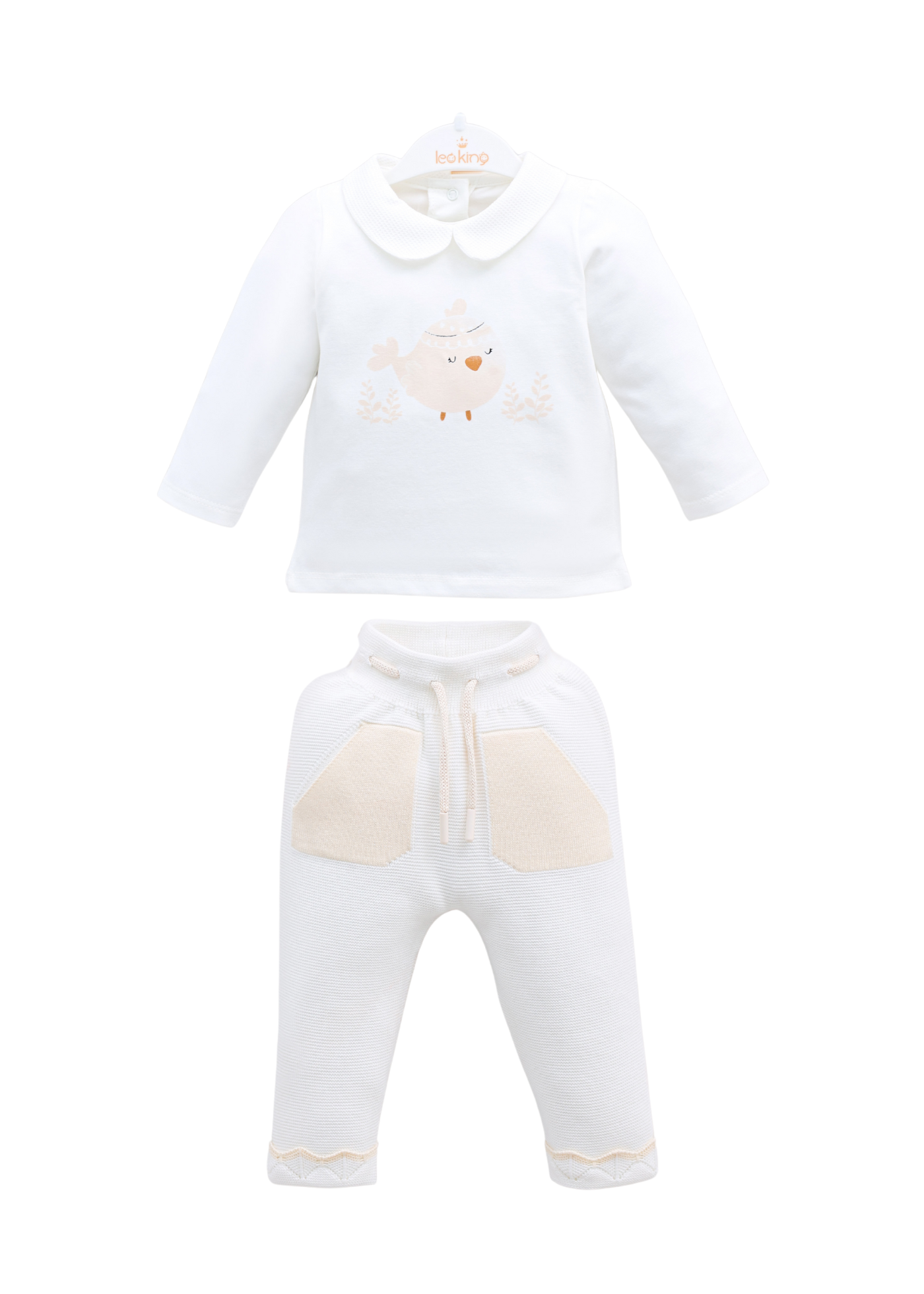 Set 3 Piese Alb Bluza si Pantaloni Tricot si Bluza Bumbac cu Pui 8456 Leo King