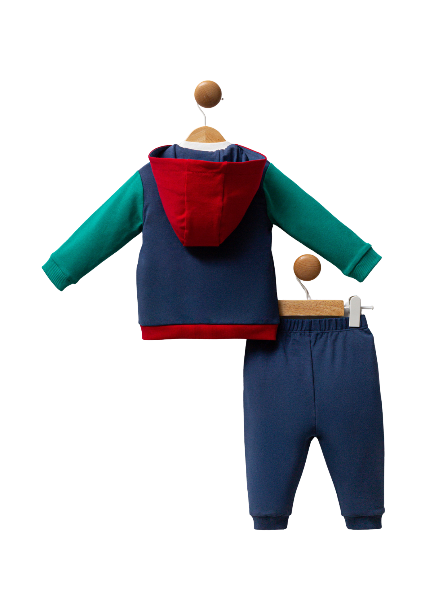 Trening 3 Piese Hanorac cu Gluga Bleumarin cu Verde si Rosu, Pantaloni Lungi Bleumarin si Bluza Crem USB2574 Us Polo Assn