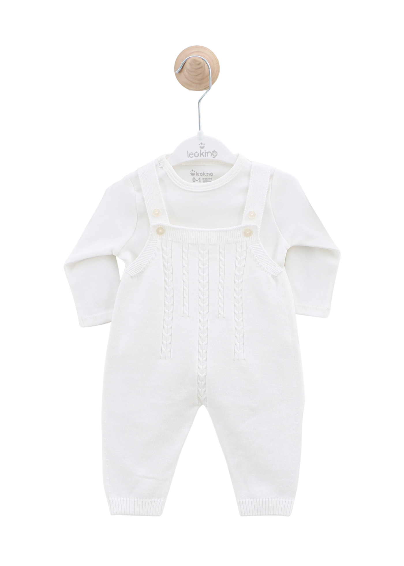 Set 3 Piese Salopeta Lunga Tricotata si Cardigan Alb si Body 7442 Leo King