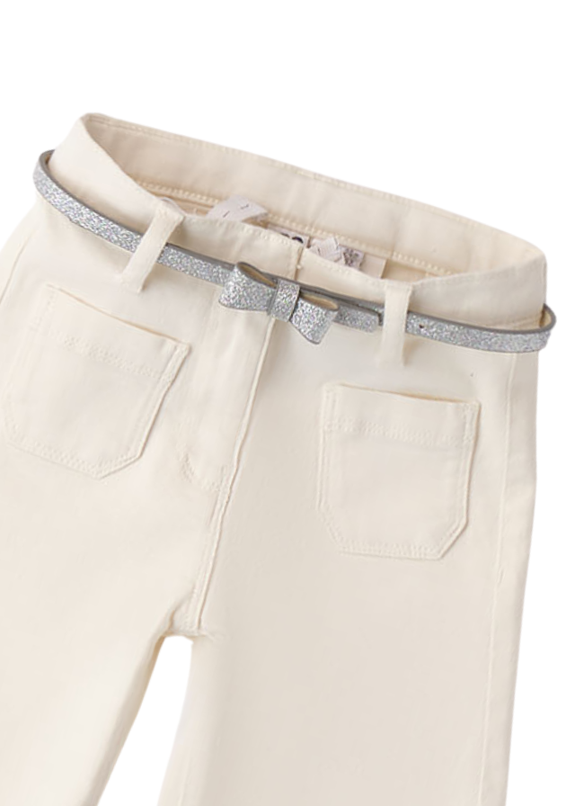 AnneBebe - Pantaloni Lungi Crem cu Curea Argintie in Talie pentru Fetite 8353 iDO