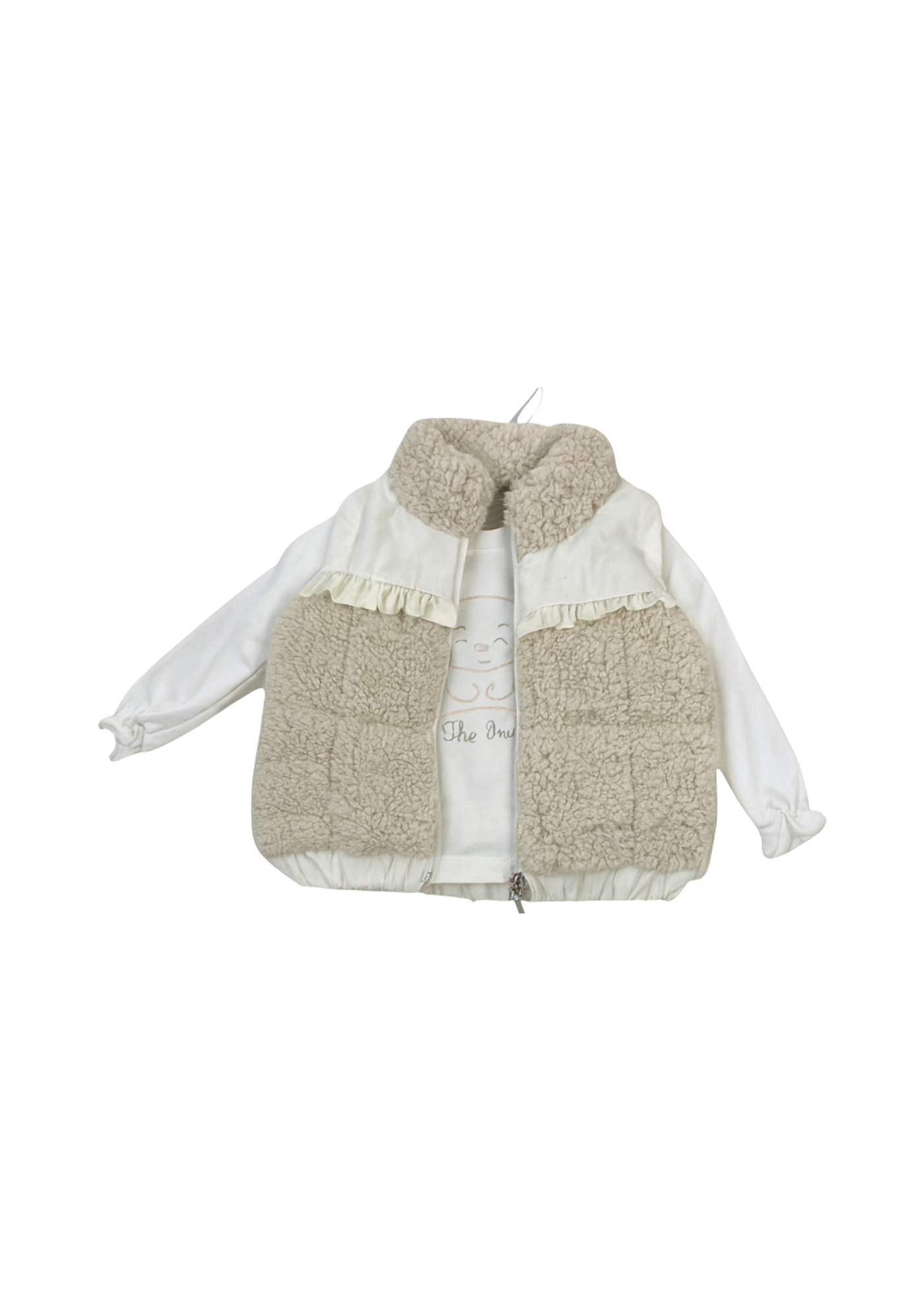 Set 3 Piese Vesta Crem din Plus Bluza Crem cu Urs si Pantaloni Denim Verzi Evazati 16461 Bebus